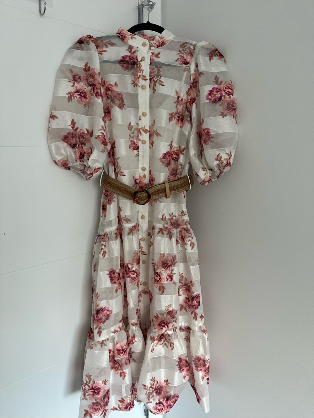 ZIMMERMANN Rosa Striped Midi Dress | Floral Puff-Sleeve Tiered Dress